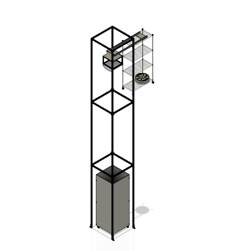 Photo of microgravity drop tower outer structure, shock absorber, release mechanism, and drop vehicle assembly.