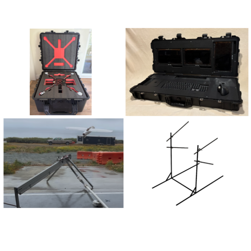 Final Deliverables. From top left: Multirotor UAS Transport Case, Ground Control Station, Pneumatic UAS Launcher, Recovery Net.