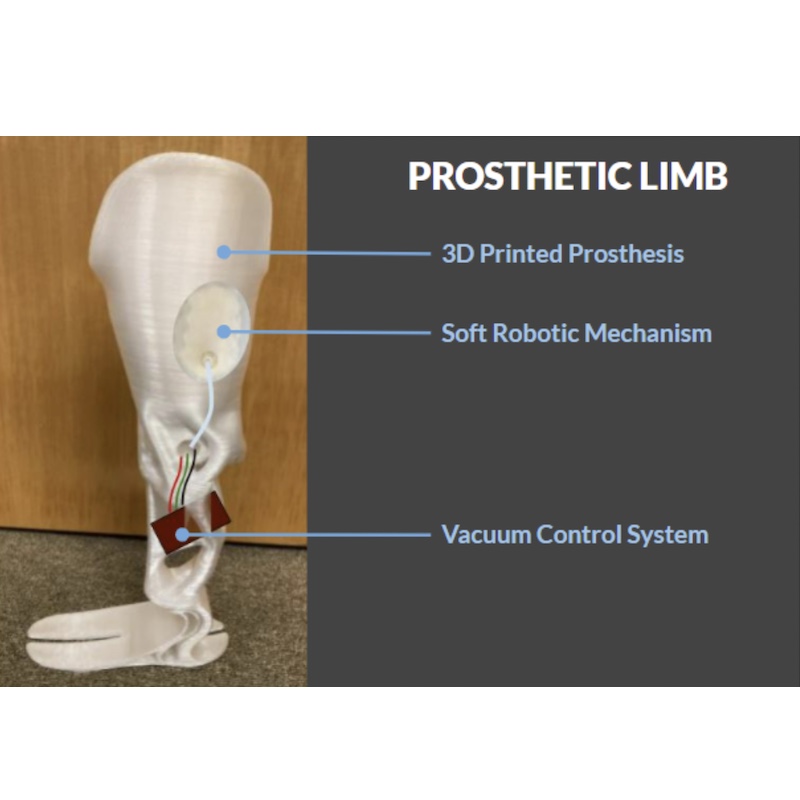 Image of 3D printed prosthetic lower leg from shin downwards, with labeled oval shaped soft robotic mechanism on inner leg, and small vacuum control system electronics hanging off shin area