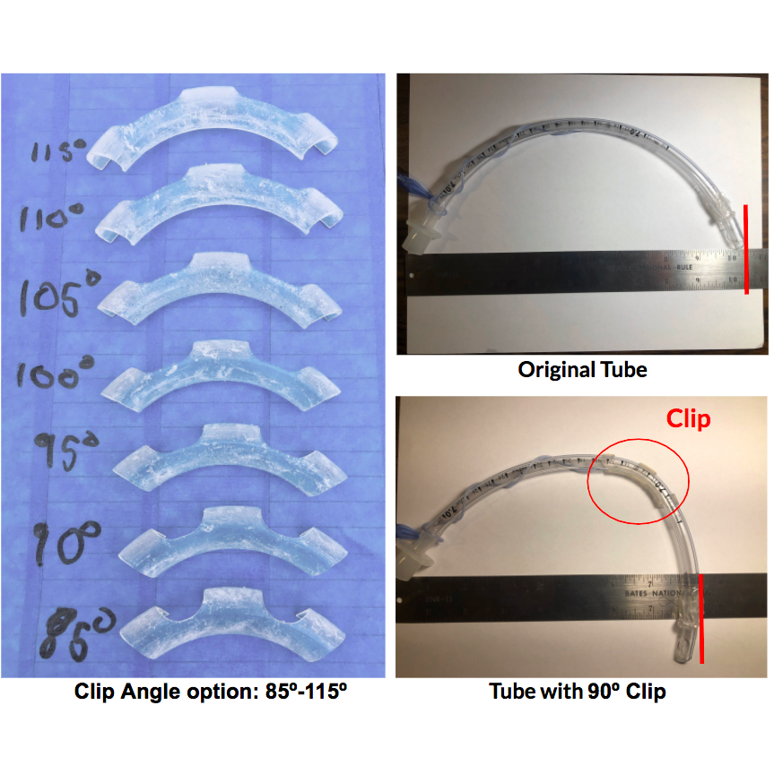 Elbow clip design with various angles and an example of 90-degree clip application.