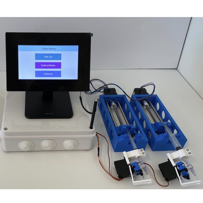 Image shows a computer monitor with GUI and two modular syringe holders with servo motor refill mechanisms.