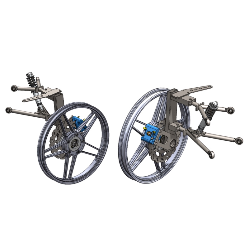 Image showing left and right views of redesigned front suspension system attached to a single wheel.