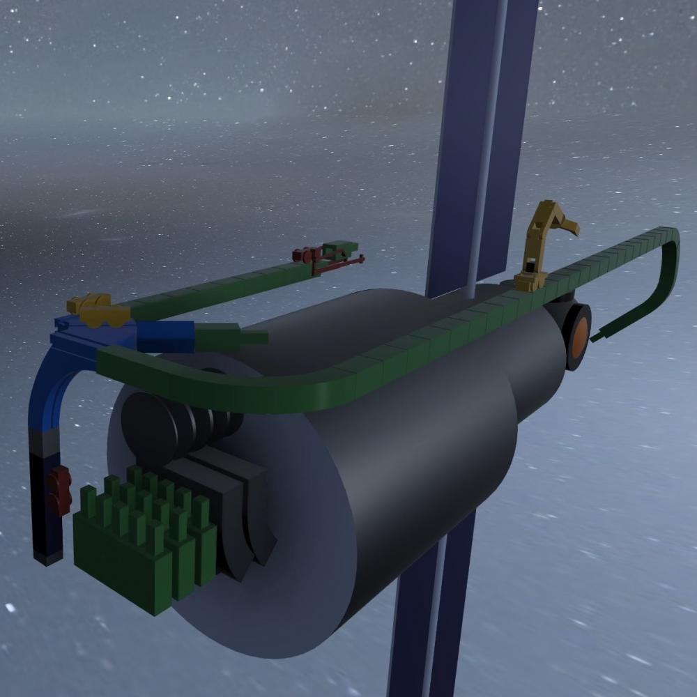 3D render of proposed autonomous satellite servicing system in use on a satellite in-orbit. Two rails have been built out, one being utilized by a robotic arm to reach a point of interest on the satellite and service it, and the other one being extended by the assembly robot to another point of interest.