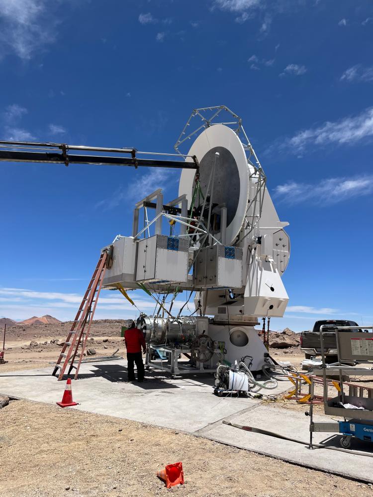 One of the three telescopes at the Simons Observatory