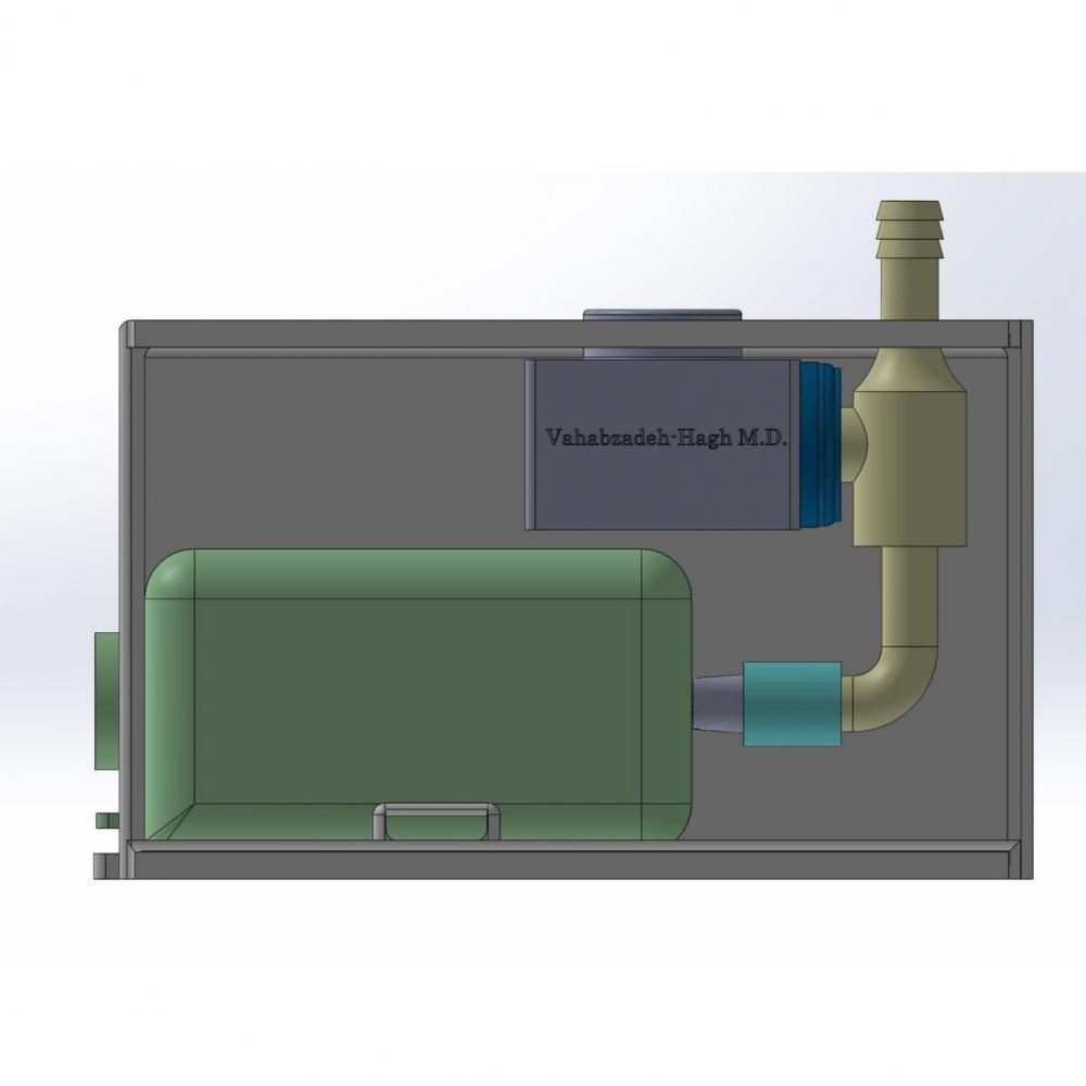 Solidworks assembly of the final prototype. It displays all major components of the system including, the crystal housing, venturi device, pump, etc. 