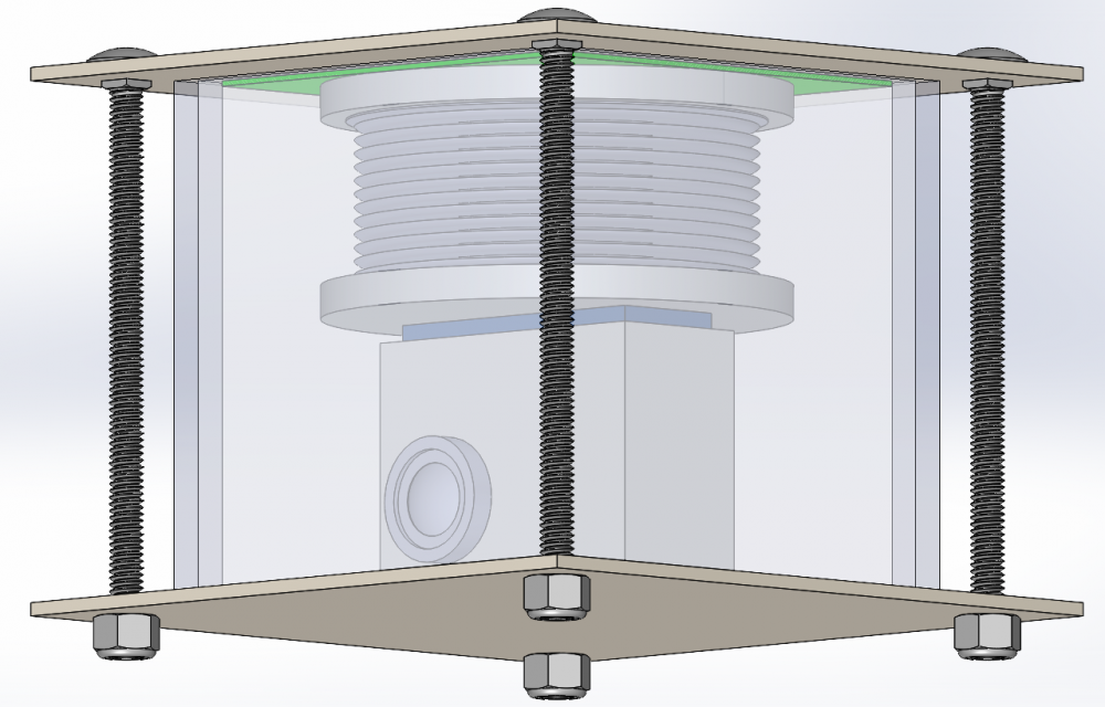 CAD model of upside small go-pro like camera within a clear encasement. Attached to the camera are a heat sink, bellow (spring like cylinder), and thermal insulating material. On the top and bottom of the encasement are aluminum plates.