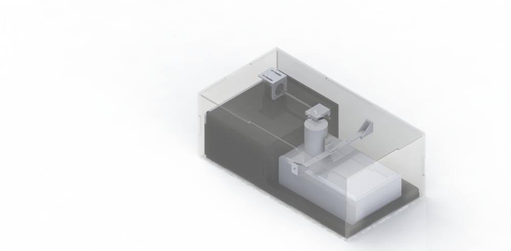 SolidWorks render (isometric view) of the automated solubility project experiment.  The main shape is a rectangular prism.  Inside, a magnetic stirrer sits in the lower portion, with a beaker resting on top of it.  Mounted to the lid of the box is a horizontal rod which holds an RGB sensor.  A motor driver is positioned over the top of the beaker, along with three holes.