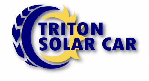 Logo reading triton solar car, featuring a blue tracked wheel and yellow flames around the hub